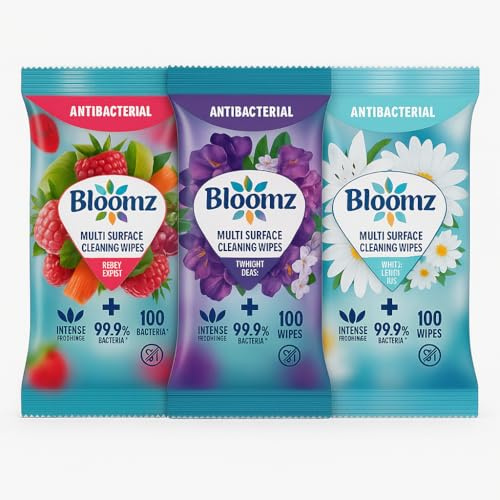Bloomz Antibacterial Multi Surface Cleaning Wipes, Mixed Fragrances Pack with Berry, Twilight and White Daisy Scents, 100 Count per Pack, 3 Pack Bundle