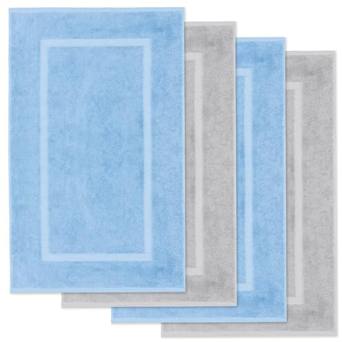 Lavea® 4er Set Badematte, Badteppiche 50×80 cm, Badvorleger rutschfest, 100% Baumwolle Frottier, 800 g/m² extra saugstark, waschbar 60°C, Serie Elena, Badvorleger, 4er Set, Delphinblau, Silber