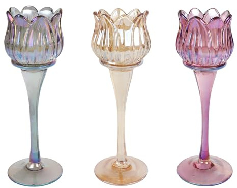 Macosa VM100715_x3 Teelichthalter Tulpe 3er Set 22 cm Glas Purpur, Grau und Amber Glaskerzenhalter modern Frühlingsdekoration Dekoration Frühling Dekoteelichthalter Kerzenhalter Tulpenform