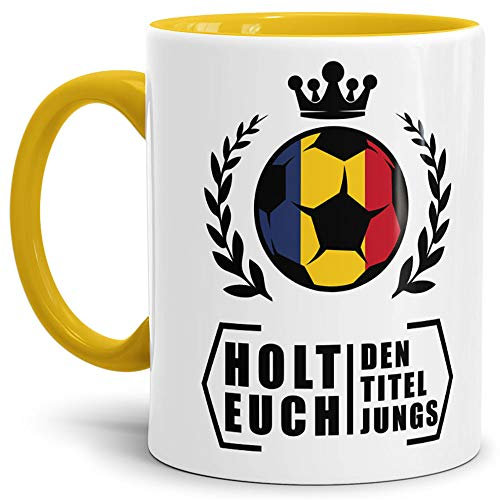 Tassendruck Fan-Tasse Holt Euch Den Titel Rumänien - Fussball/Weltmeisterschaft/WM/Mug/Cup/Tor/Innen & Henkel Gelb