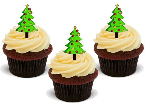 WEIHNACHTSBAUM MIT STERNEN UND WEIHNACHTSKUGEL - 12 essbare hochwertige stehende Waffeln Kuchen Toppers - XMAS TREE WITH STARS & BAUBLES