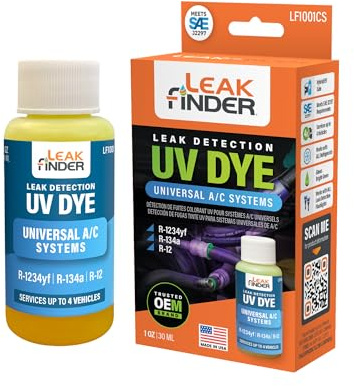 LEAKFINDER LF1001CS Automotive Universal Air Conditioner Refrigerant Leak Detection Dye, Services R134a, R-1234yf Freon Systems, 1oz AC Fluorescent Dye Bottle