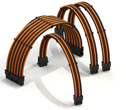 LINKUP - AVA 50cm PSU Kabelverlängerung Ummantelt GPU Nach Maß PC Stromversorgung mit Kamm-Kit | 1x 24 P (20+4) | 1x 8 P (4+4) CPU | 2X 8 P (6+2) GPU Set | 500mm - Orange Schwarz