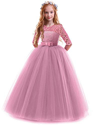 FYMNSI Robe Enfant Fille Ceremonie Anniversaire de Princesse d'honneur Mariage Bowknot Manches 3/4 Longue en Dentelle Robe Tutu Tulle de Soirée Bal Partie Formelle Carnaval Rose Foncé 11-12 Ans