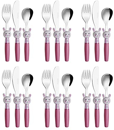 Exzact Children's Cutlery Stainless Steel 18pcs Set/Kids Cutlery/Toddler Utensils/Flatware - 6 x Forks, 6 x Safe Dinner Knives, 6 x Dinner Spoons (Rabbit x 18)