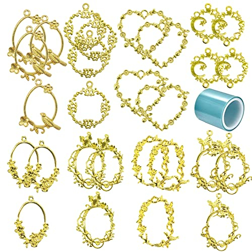 Allazone Lünette Rahmen Anhänger Charm, 34 Stück Blumen und Vögel Offene Lünette Anhänger Gießform Schmuck, Anhänger Zubehör Tabletts and Kette für DIY Harz,gedrückt Blume Schmuck