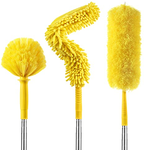 Feather Duster, Microfiber Duster with Telescoping Extension Pole, Detachable & Bendable Reusable Duster (Yellow)