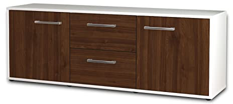 Lqliving TV-Board Lowboard Alma, Korpus in weiß matt, Front im Holz-Design Walnuss (136x49x35cm), mit Metall Griffen, Made in Germany