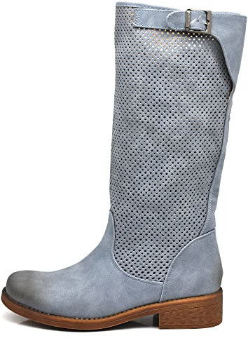 IF Fashion Stivali Stivaletti da Donna Biker Motociclista Traforati Primaverili Estivi con Fibbia LY70-4 Blu Jeans N.40