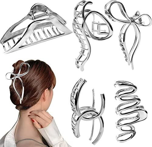 5Pcs Metal Hair claws clips, Large Hair Claws for Thick Hair, Strong Hold Hair Clips for Women Girls (Sliver)