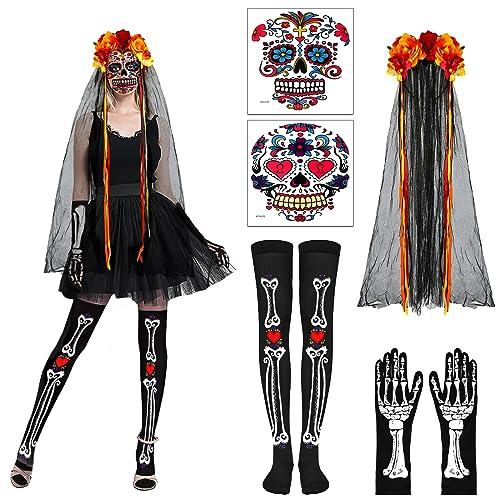 DPKOW Halloween Kostüm Damen Dia De Los Muertos Haarreif Schleier Tag Der Toten Haarreif la Catrina Skelett Handschuhe Overknees Strümpfe Gesicht Tattoos Tag Der Toten Kostüm Accessoires Damen