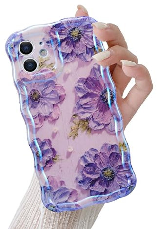 QLTYPRI Case for iPhone 11, Laser Colorful Retro Oil Painting Flower Pattern Cute Curly Wave Frame Exquisite Phone Case for Girls Women, Shockproof TPU Protective Phone Cover for iPhone 11 - Purple