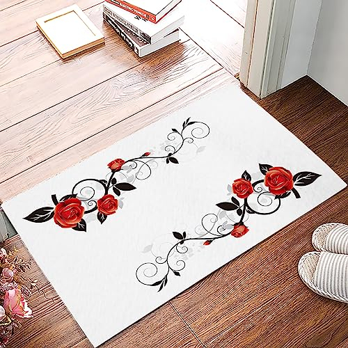 FJAUOQ Door Mat for Front Door Classic Art Decor Red Rose with Vine and Leaves Kitchen Rug Non-Slip Entry Way Doormat,Floor Mat for Bathroom/Bedroom/Living Room 16x24in