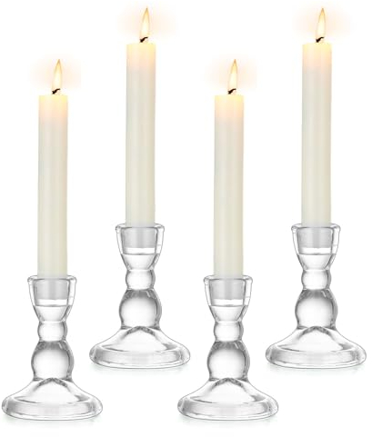 Inweder Glas Kerzenhalter Stabkerze: 4er Klar Kerzenhalter für Stabkerzen Set für Tischdeko - Vintage Kerzenständer für Stabkerzen - Hochzeit Stabkerzenhalter für Weihnachten Advent Heimdekoration