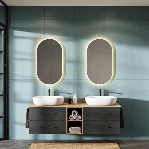 Planetmöbel LUX Badmöbel Set Waschbecken mit Unterschrank 170 cm hängend inkl. 2 Aufsatz-Waschbecken 60 cm weiß, Waschbeckenunterschrank Gold Eiche/Anthrazit