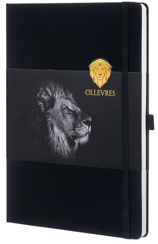 OLLEVRES - Taccuino DIN A4, a righe con carta premium da 100 g/m², 192 pagine, copertina rigida soft touch, design classico, nero, rilegatura a filo, portapenne, tasca per documenti, nastro elastico