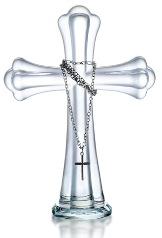 H&D HYALINE & DORA Cruz de cristal transparente de pie, figura de cruz de cristal para oración de iglesia, decoración del hogar, adorno de cruz de cristal para regalos católicos conmemorativos de