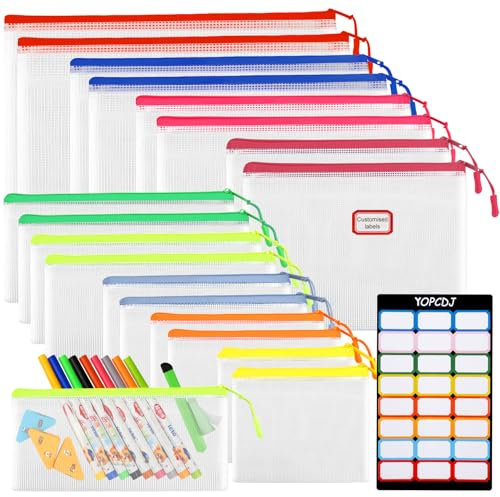 18PCS Mesh Zipper Pouch Bags, Zipper Bags for Office Supplies,9 Colors for Puzzles Board Game Storage, 8 Sizes for Reusable Plastic Zip Organizer for Travel