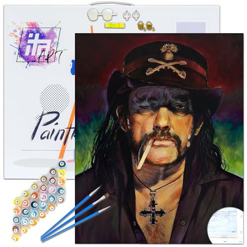 ITA Art Malen nach Zahlen Komplett Set mit Keilrahmen, Acrylfarben, Pinseln, Zubehör, Geschenkbox - DIY Gemälde Bastelset Kit mit Leinwand für Erwachsene, 40x50 cm, Lemmy Kilmister