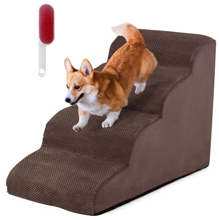 SOARS Hundetreppe 4-Stufig, Haustiertreppe aus Hochdichtem Schwamm, Katzentreppe mit Abnehmbarem, Waschbarem Bezug, rutschfeste Tiertreppe für Sofa & Bett (Braun)