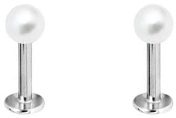 DENI 2 Labret-Piercings mit weißer Perle, 3 mm, Tragus und jedem Teil des Ohrs, kurzer Stab 6 mm und Dicke 1,2 mm, Silber