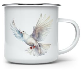 MAXIKIWI Langlebige Emaille-Kaffee- oder Tee-Campingbecher für drinnen und draußen, weiße Taube – 350 ml