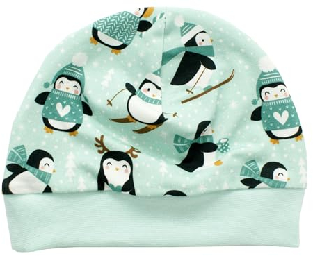 Kleine Könige Mütze Baby Jungen Beanie · Modell Winter Pinguine, Aqua · Ökotex 100 Zertifiziert · Größe 98/104
