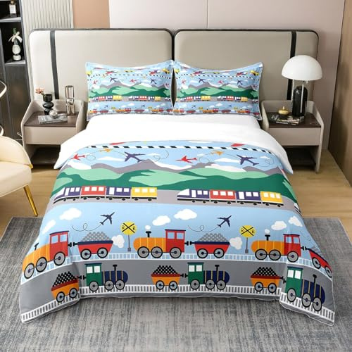 Loussiesd Flugzeug Bettwäsche Set 100% Baumwolle Kinder Zug Betten Set Ausrüstung LKW Bettbezug Set Cartoon Auto Theme Blau Bettwäsche-Set Zimmer Dekor Bettbezug 135x200cm
