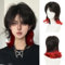 Salaibs Frauen Vokuhila Schwarz Peekaboo Rote Perücke mit Bangs Mullet Schulter Länge Shaggy Layered Perücke Goth Hitzebeständige Faser Haar Perücke für Punk Halloween Cosplay Verwendung