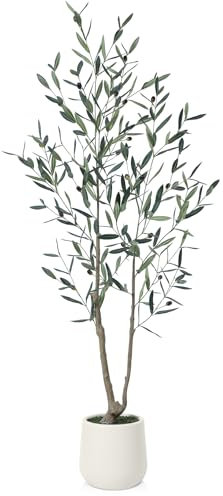 Kazeila 150cm Artificial Olive Tree,Fake Large Indoor Plant in White Pot,Faux Olive Tree for Home Living Room Decoration(1Pack)