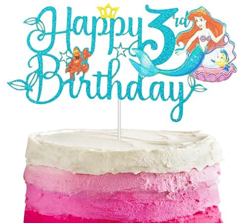 Mermaid Cake Topper 3rd for Girls,Kids Birthday Cake Decorations,Mermaids Cartoon Theme Cake Cupcake Topper Shinny Mermaid Happy 3rd Birthday Cake Toppers for Kids,Girl,Mermaid 3rd Party Cake Decor