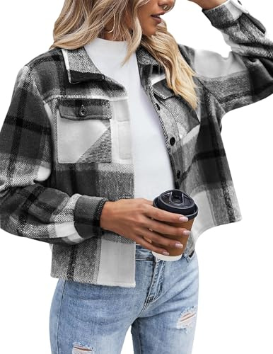 Zeagoo Veste en Flanelle à Carreaux pour Femme Veste Courte à Manches Longues Revers Shacket à Boutons