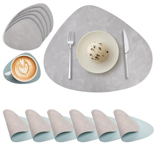 Lot de 6 Sets de Table et Dessous de Verre, Sets de Table Ronds en Cuir PU, Sets de Table Double Face Imperméables Lavables Antidérapants Résistants à la Chaleur (Gris Clair Bleu Clair)