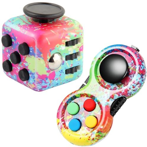 2 PCS Fidget Toy Set, Fidget Pad, Fidget Toy Cube Sensory Toy Relieves Stress and Anxiety Toys Finger Toy Office Classroom Toy Gift for ADD, ADHD, Autism, Adults, Kids (Colour)