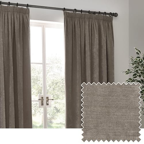 furn. Yard Heavy Chenille Pencil Pleat Curtain Pair – Lined Room Darkening Soft Velvet Curtains (Greige - Width 168 x Drop 137cm)