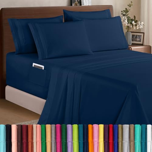 Elegant Comfort 1500 Premium Quality 6-Piece Bed Sheet Set – 18-24 Inch Extra Deep Pocket, Smart Storage Pockets, Wrinkle Free Ultra Soft 6PC Extra Deep Pocket Sheets, California King, Navy Blue