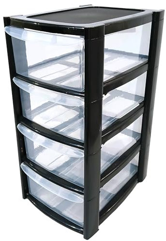 KAPCO 4 Tier Mini Tower Plastic Storage Drawers | Compact Desktop Organizer with Transparent Drawers for Office, Home, Kitchen, Makeup, Crafts | Stackable & Portable Mini Tower Cabinet 26 x 19 x 40 cm