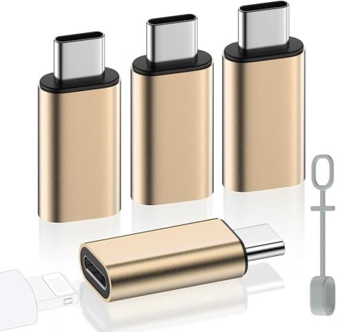 MoKo Lightning auf USB C Adapter 4 Stück, Adapter Lightning auf USB C mit Laden Datenübertragung für iPhone 16/15 Pro Max Plus, iPad, Galaxy S24/S23, mit Anti-Lost Loop, Nicht für Audio/OTG, Gold