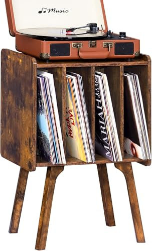 LELELINKY Tocadiscos de Madera con 4 casilleros, Mesa para Discos de Vinilo de Mediados de Siglo con Patas de Madera Maciza, Tiene Capacidad para 100 álbumes,salón,Marrón