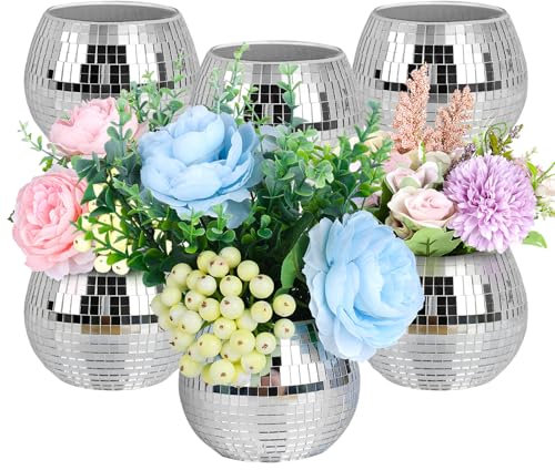 6Pcs Disco Ball Planter, Disco Ball Vase, Flower Pot Containers with Silver Mirror Glass for Wedding, Birthday, Party, Bar, Office