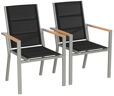 Devoko Gartenstuhl Set 2, Stapelbare Aluminium Esszimmerstühle, Maximale Belastung 160kg, Balkonstühle, Für Garten, Pool, Terrasse, Esszimmer, Gartenmöbel, Hellgrau & Holz