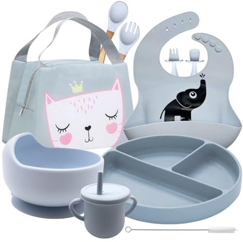 BRANCY Baby Weaning Set with Adjustable Bib, Sippy Cup, Fork & Spoon | Self Eating Baby Cutlery with Suction Bowl & Plate | Microwave & Dishwasher Safe (Gray)
