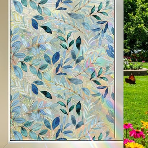 Stained Glass Window Film Privacy Static Cling Self Adhesive Stickers | Leaves Pattern, UV Protection Anti Glare, No Glue, for Home Kitchen Office Bathroom Glass Windows, 40x100cm