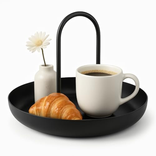 Black Round Tray with Handle 20cm – Minimalist Serving Tray for Coffee Table, Kitchen, Bedroom or Patio - Modern Storage - for Drinks, Snacks, Candles, Keys – ABS Base with Metal Handle