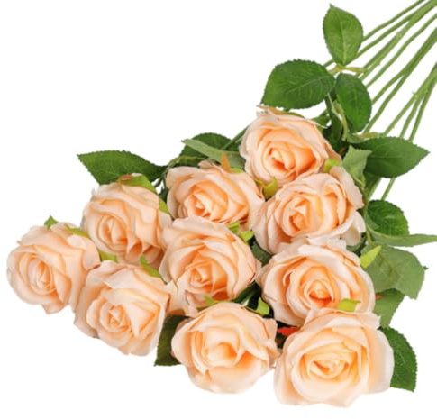 10 Pcs Artificial Roses, Champagne Fake Roses Artificial Flowers | with Stems Fake Artificials Champagne Rose Silk Flowers, for Home Garden Party Hotel Office Decor