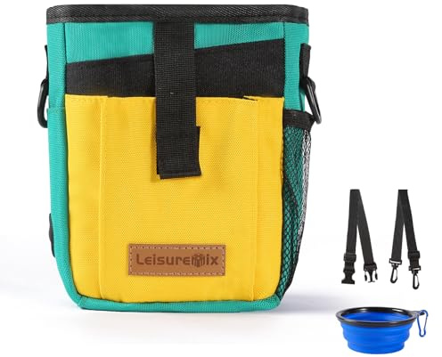 Leisuremix Leckerli-Beutel Leckerlitasche für Hunde zum umhängen, Gassi Tasche Bauchtasche Hundetraining wasserdicht Grün & Gelb