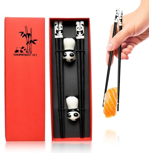 DHFUCNKO 2 Pairs Panda-Themed Chopstick Gift Set with Ceramic Holders, Reusable for Sushi, Noodles, Rice, Chinese & Japanese Gifts