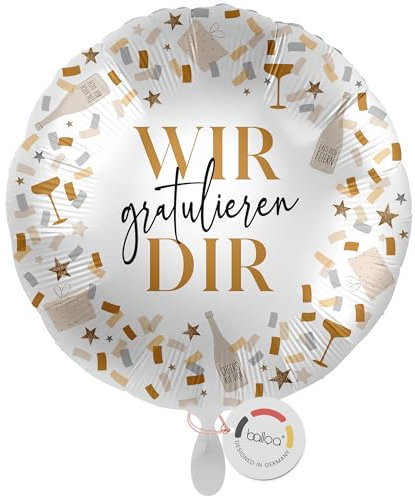 balloa Folienballon Wir gratulieren Dir, runder Helium Ballon für Erwachsene, neutrale Deko für Glückwünsche Jubiläum Abschluss oder Feier, befüllbar mit Luft oder Helium, 33cm