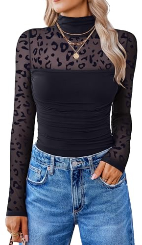 Avidlove Damen Body Sexy Langarm Bodysuit Mesh Rollkragen Oberteil Top | Going Out Tops,Transparent Netz Stoff,Party Club,Spitze Doppellagiges Gewebe,Hochelastisch,Stilvoll
