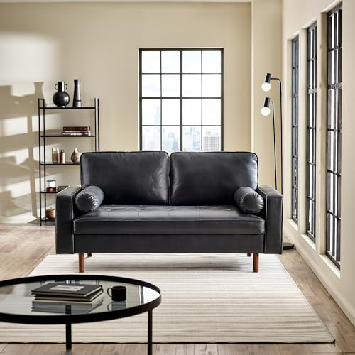 Julian Bowen Henley Sofa, 3 Seater, Faux Leather, Black - W187 x D89cm | Modern Living Room Couch with Bolster Cushions, Easy-Clean Faux Leather, Upholstered Couch, Supportive Padded Comfort
